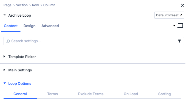 Loop options tabs showing general settings