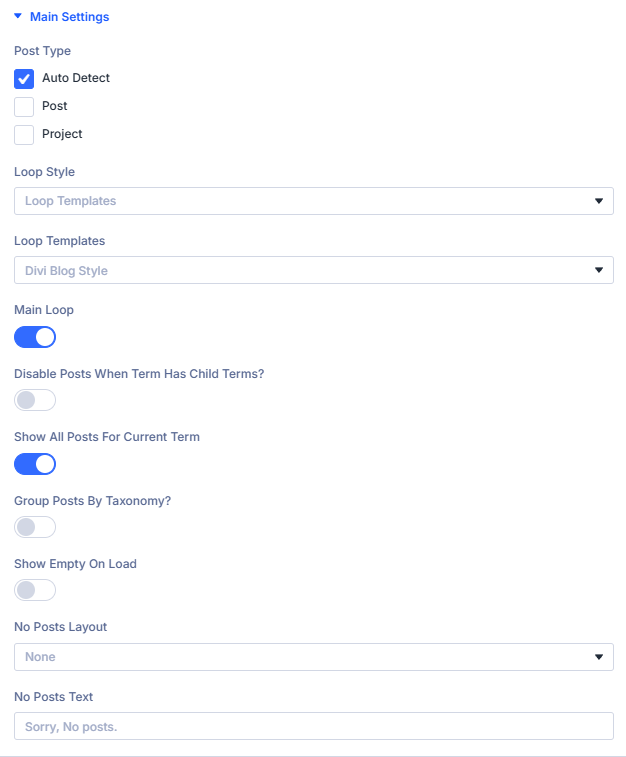 Main settings panel showing post type and main loop