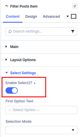 Filter item settings showing Select2 enable toggle in dropdown options