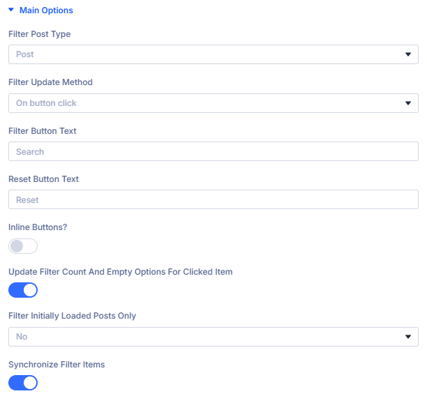 Main Settings panel in Filter Posts module showing filter update type and other global options