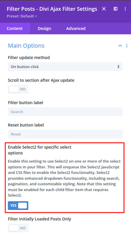 Filter Posts module main settings showing Enable Select2 toggle