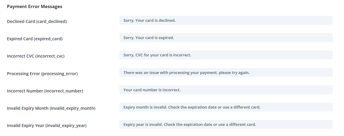 Card Payment Error Message Settings