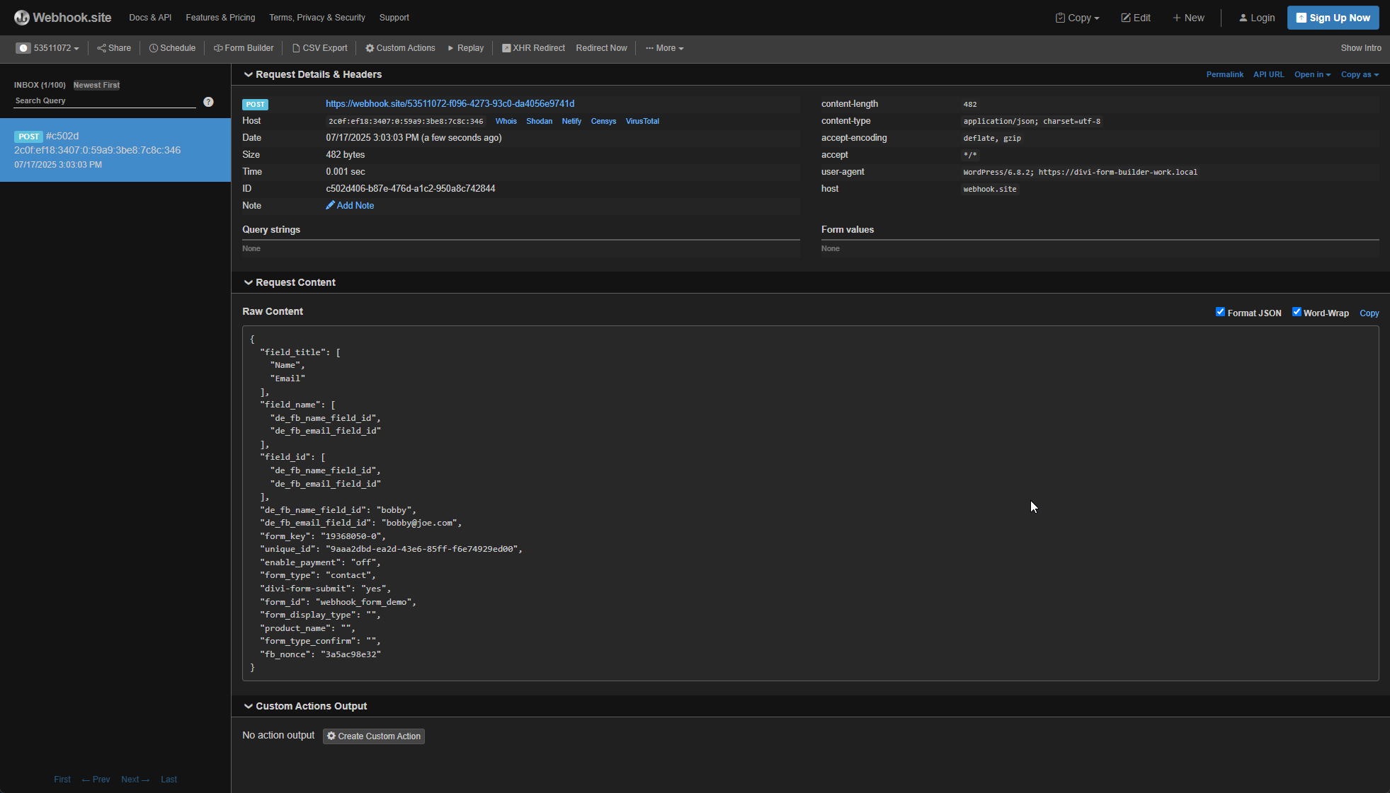 Screenshot of a successful webhook test result in webhook.site.