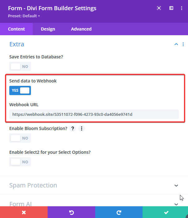 Screenshot of the Send to Webhook toggle and input field in the form settings.
