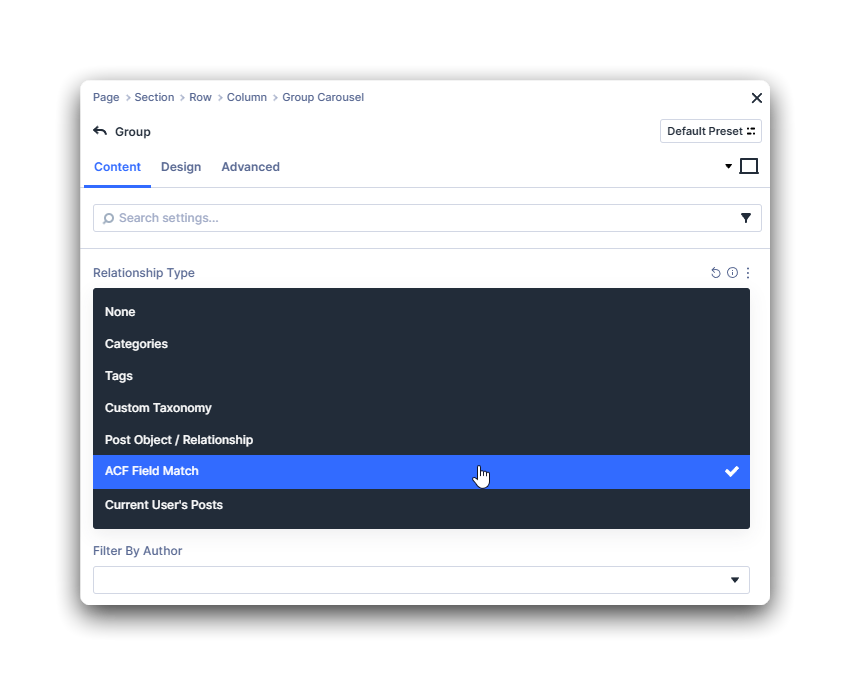 ACF field match option selected from the filter type dropdown