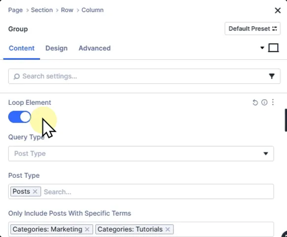 Switch between AND and OR logic in the Loop accordion under Taxonomy filters