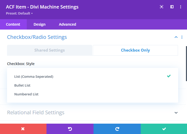 Screenshot of Checkbox Only tab with style dropdown