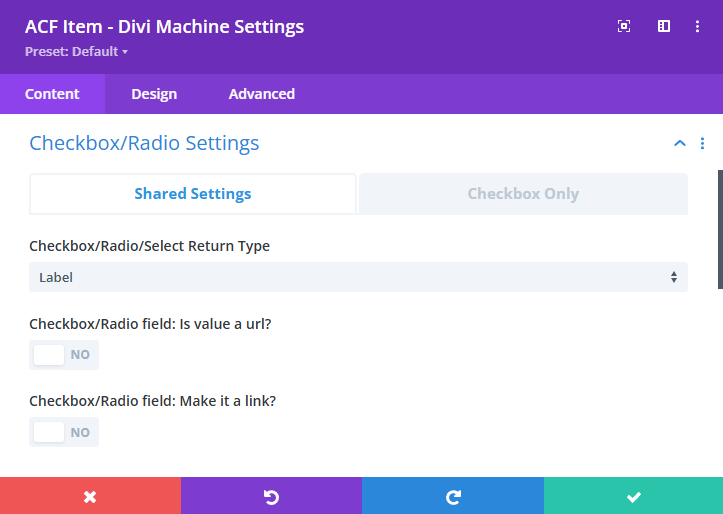 Screenshot of Shared Settings for Checkbox/Radio