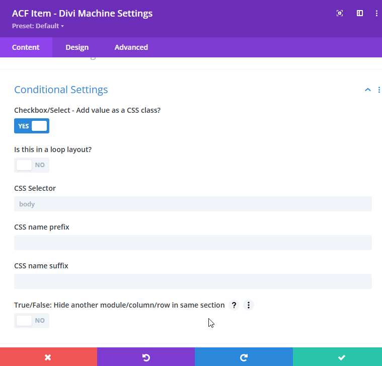 Screenshot showing all conditional settings in both checkbox/select and true/false configurations.