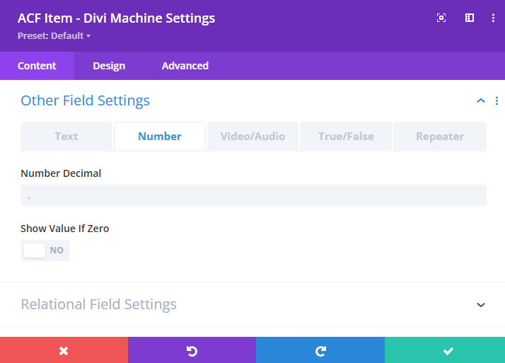 Screenshot showing &quot;Number Decimal&quot; and &quot;Show Value If Zero&quot; toggle.
