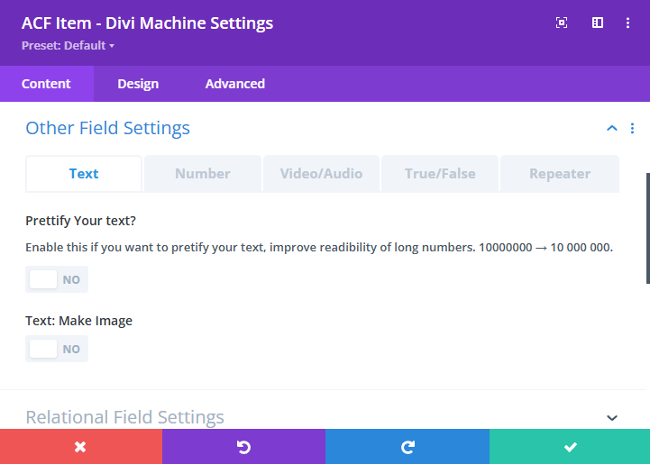 Screenshot showing text field options.