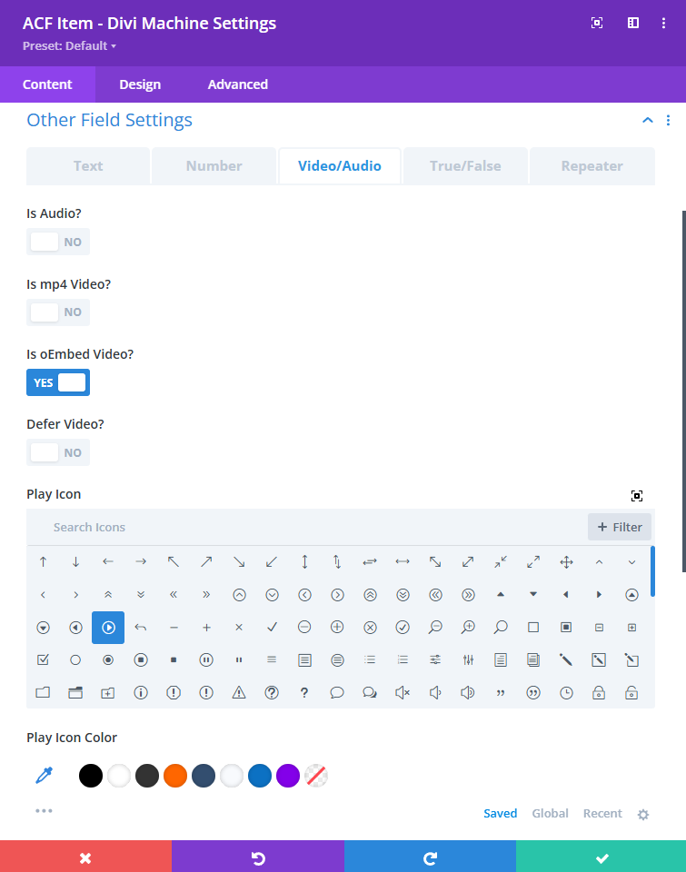 Two screenshots showing all video/audio options including thumbnail, oEmbed toggle, play icon selection, and more.
