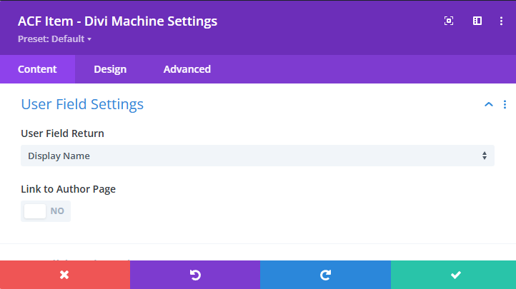 Screenshot showing the &quot;User Field Return&quot; dropdown and &quot;Link to Author Page&quot; toggle.