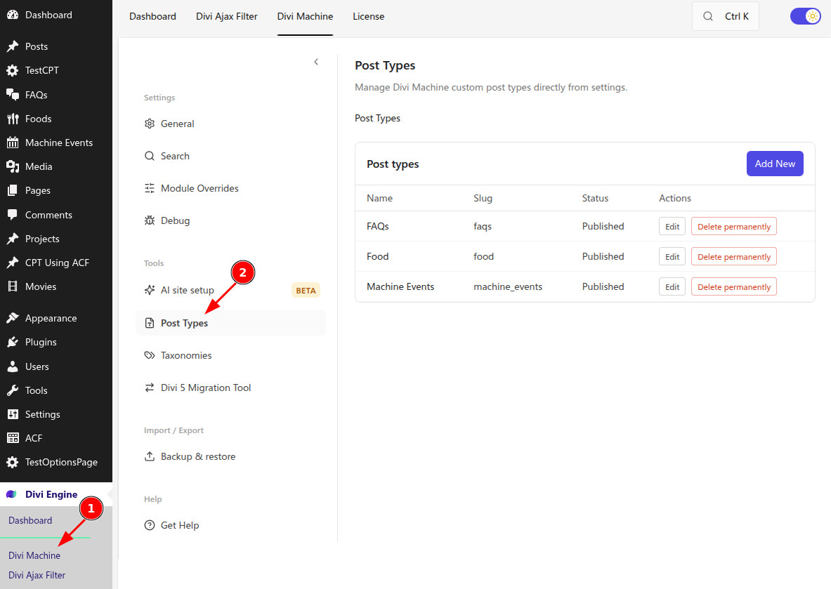 Post Types list in the Divi Machine settings hub