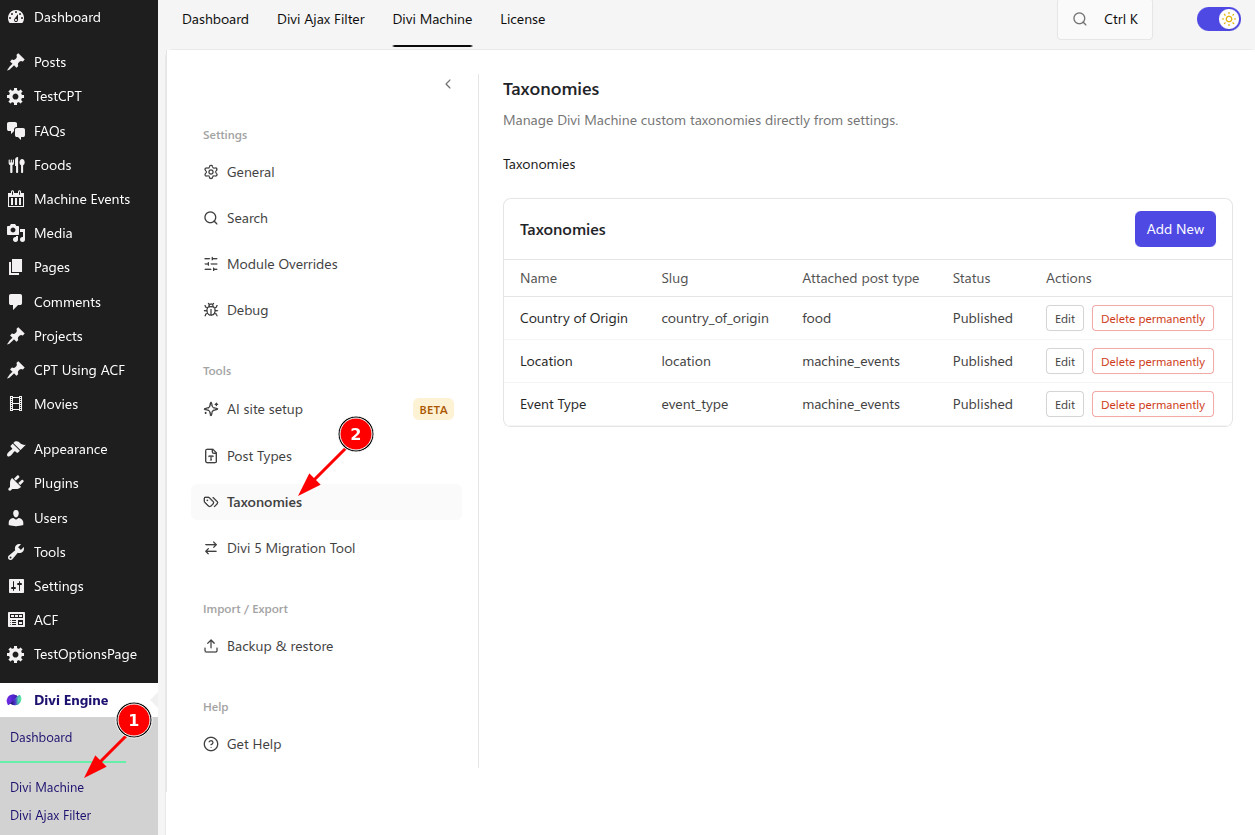 Taxonomies list in the Divi Machine settings hub
