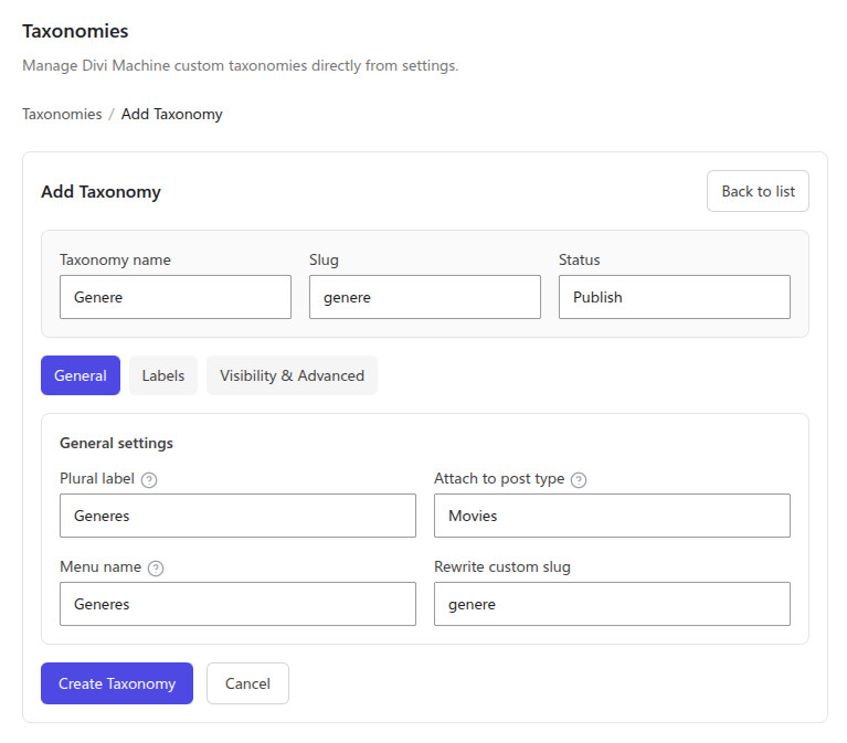 Taxonomy editor with name, slug, and attach to post type