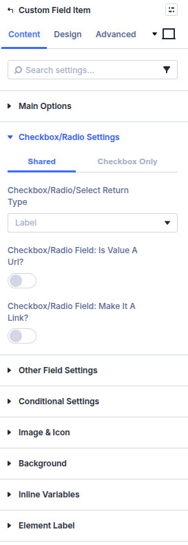 Custom Field Item checkbox and radio settings