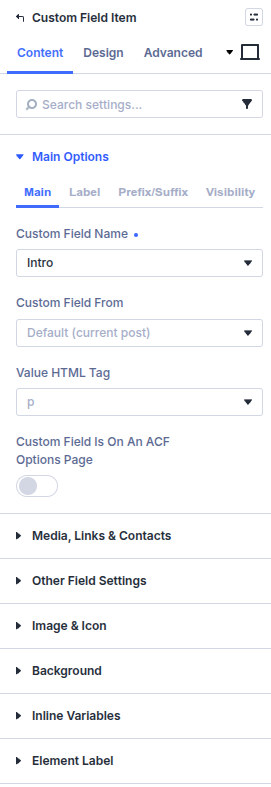 Custom Field Item main and label settings