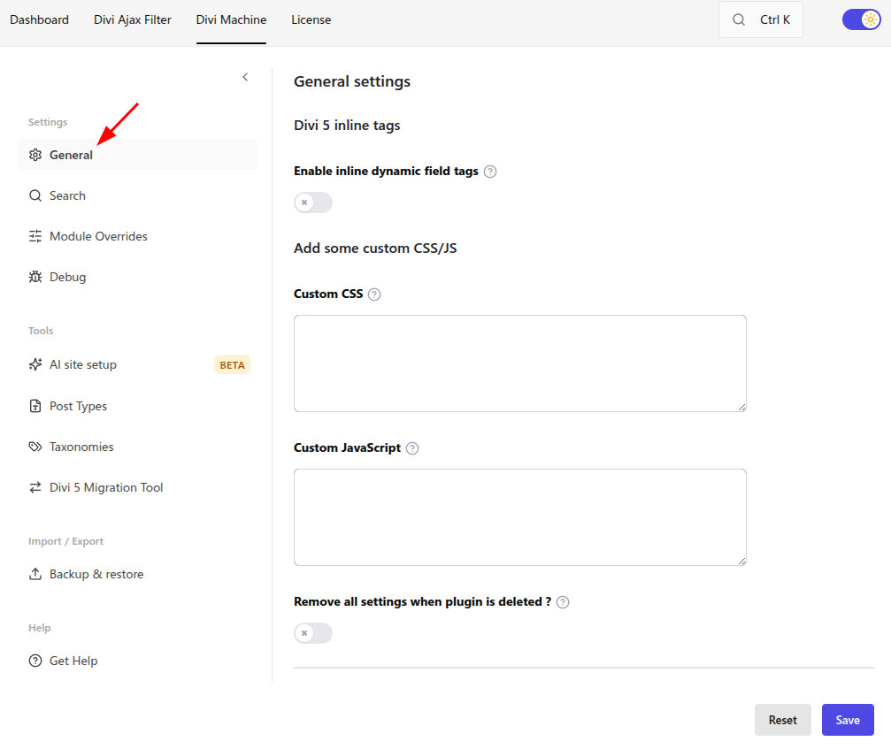 General settings section in Divi Machine
