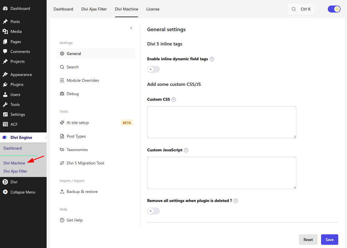 Divi Machine settings hub with sidebar sections
