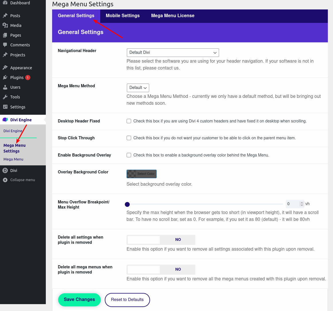 Mega Menu general settings