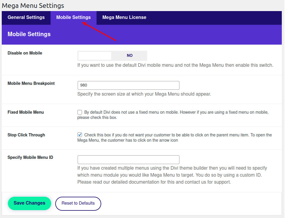 Mega Menu mobile settings