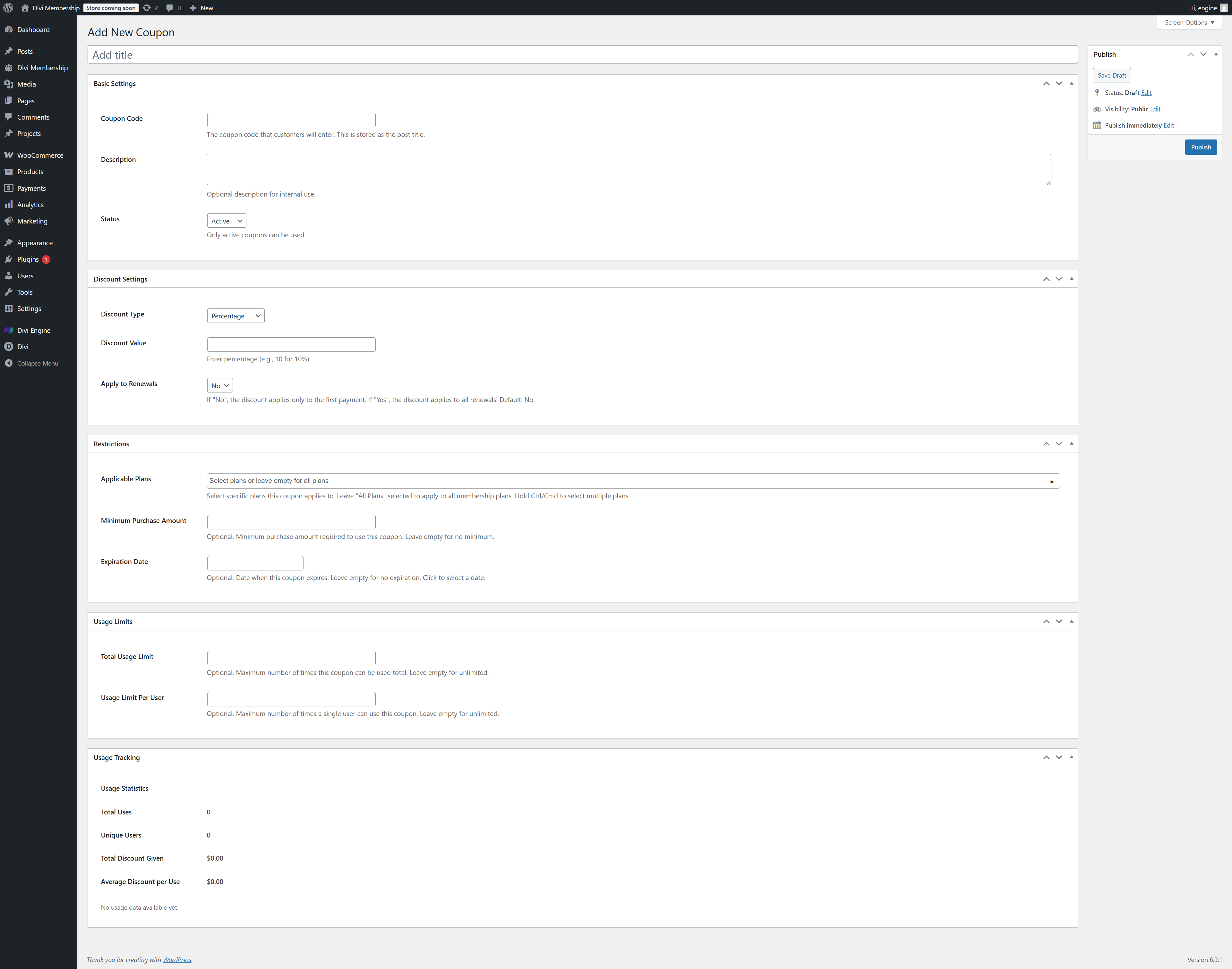 Add New Coupon page showing Basic Settings, Discount Settings, Restrictions, Usage Limits, and Usage Tracking