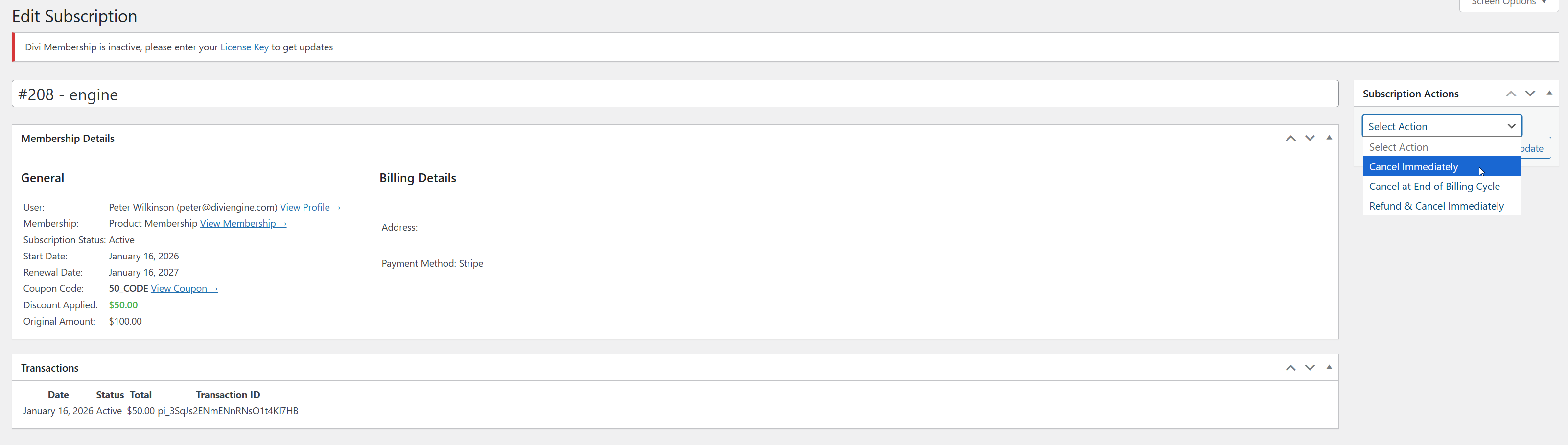 Edit subscriptions in admin