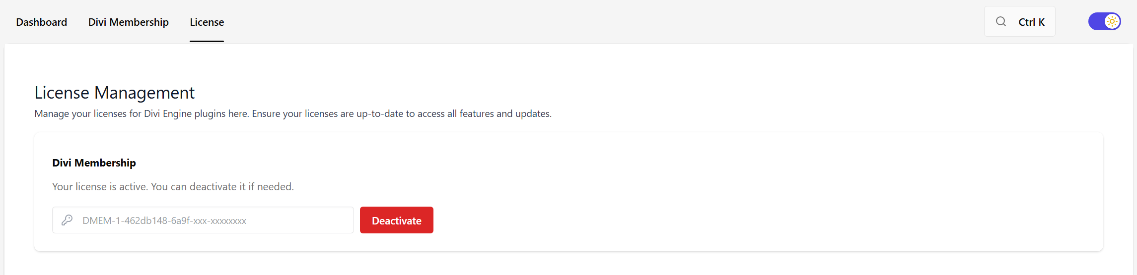 Activate Divi Membership License
