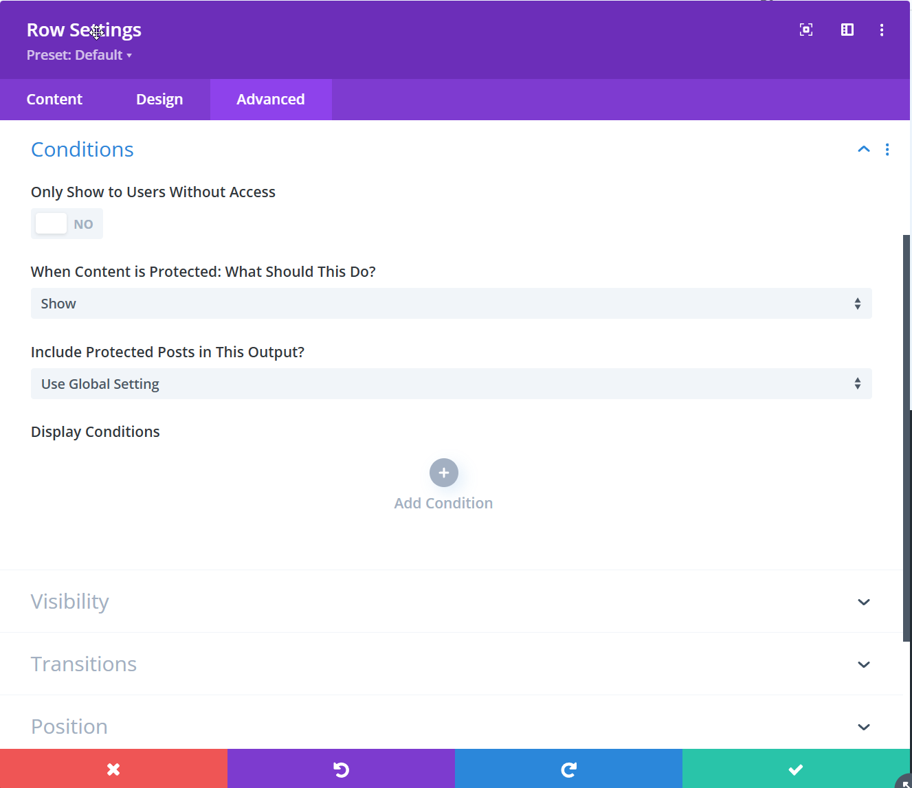 Row Settings Advanced tab with Conditions section