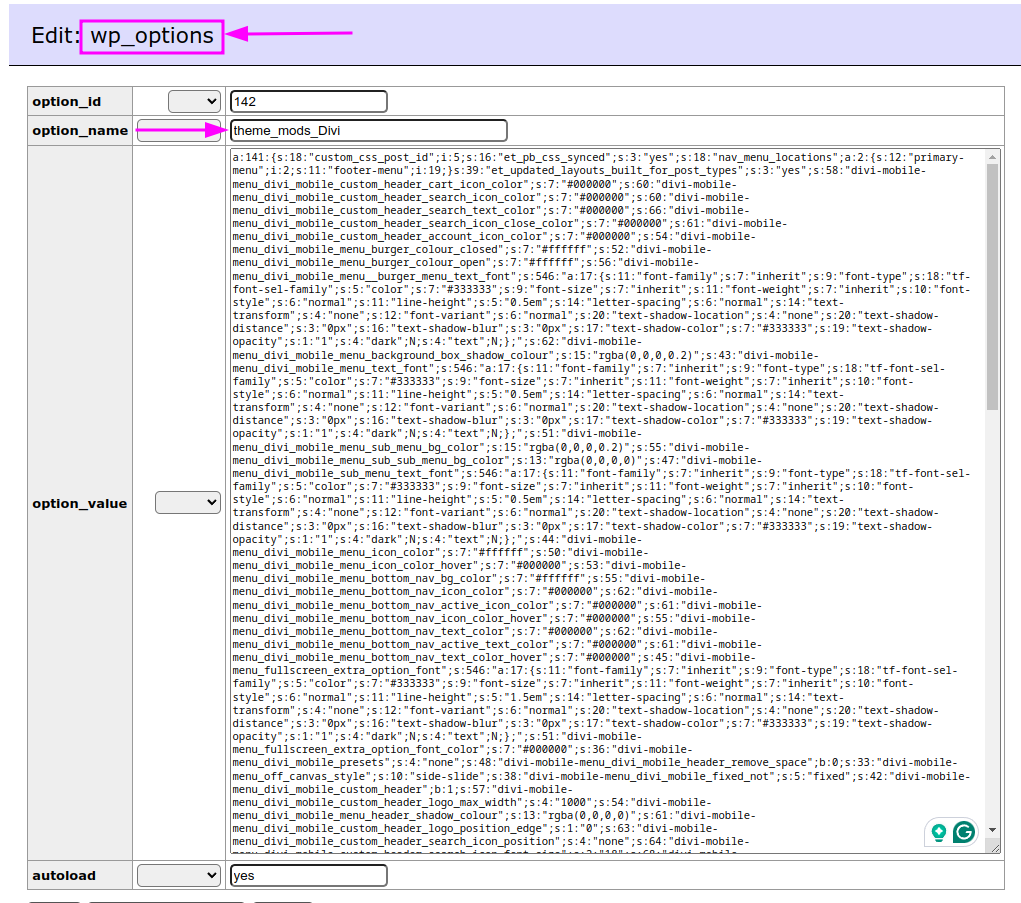 Divi Mobile Options in database