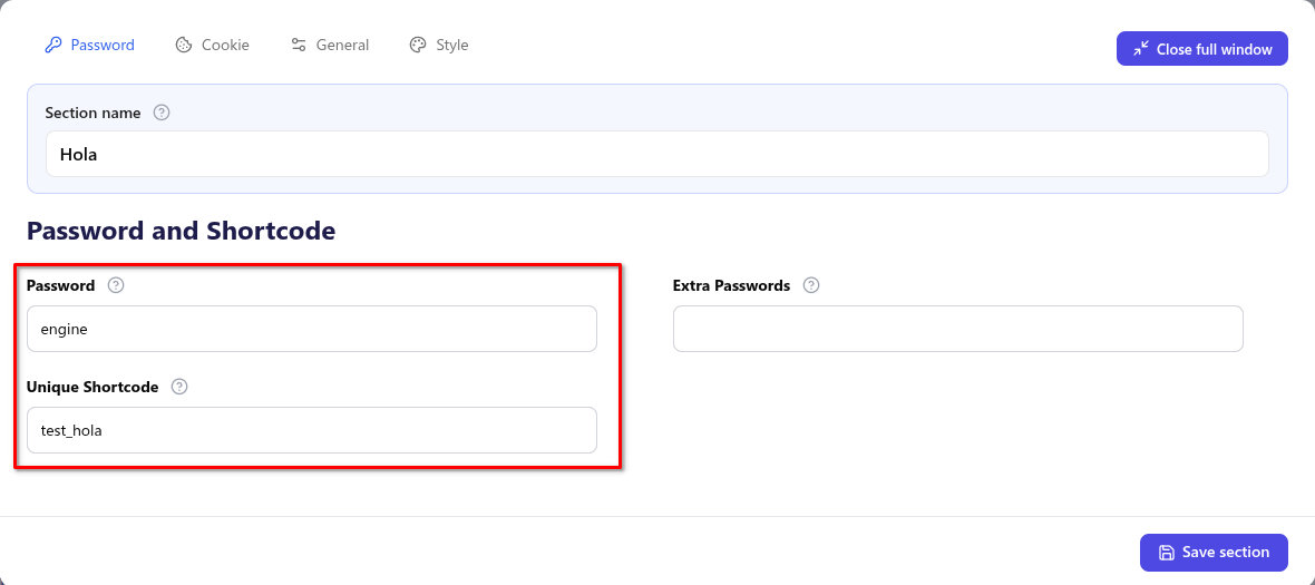 Set password and shortcode